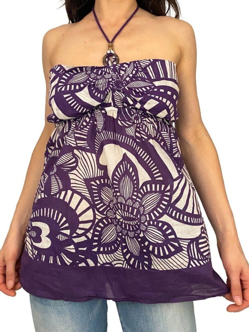 y2k purple and white tropical floral babydoll halter top